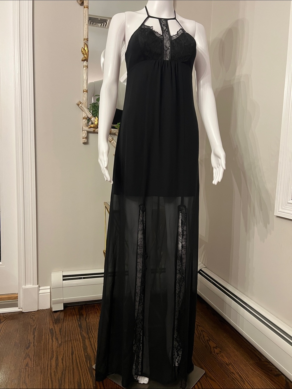 BCBGeneration Black Lace Halter Sheer Maxi Chemise